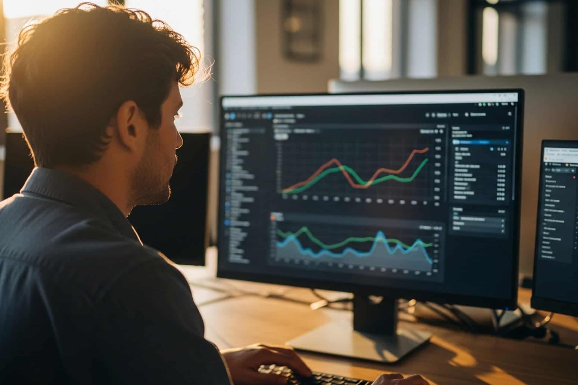 Professional reviewing SharePoint analytics dashboard in a modern office