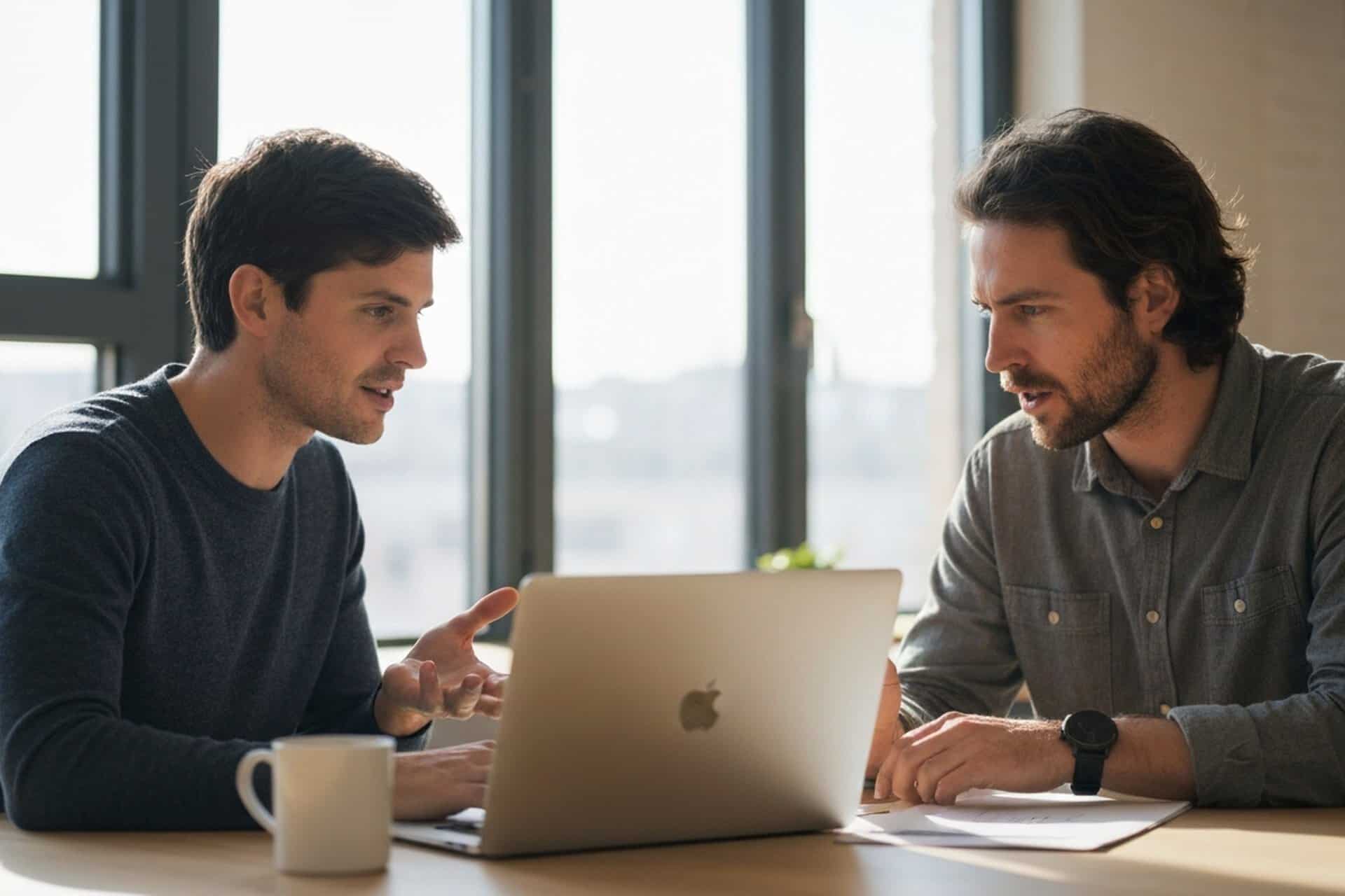 Colleagues comparing internal communications analytics platforms