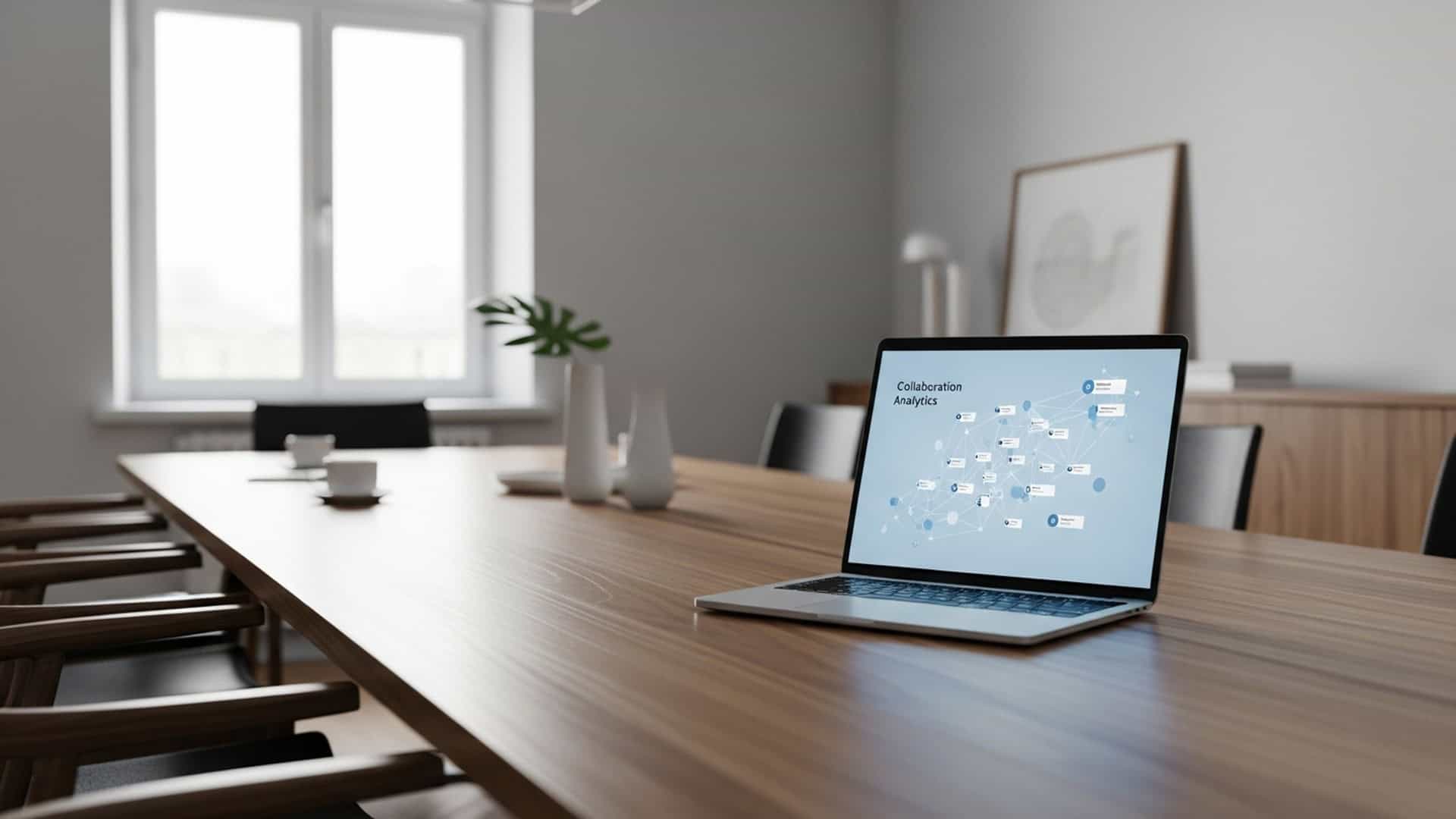 Internal communications analytics platform on a laptop in a modern conference room