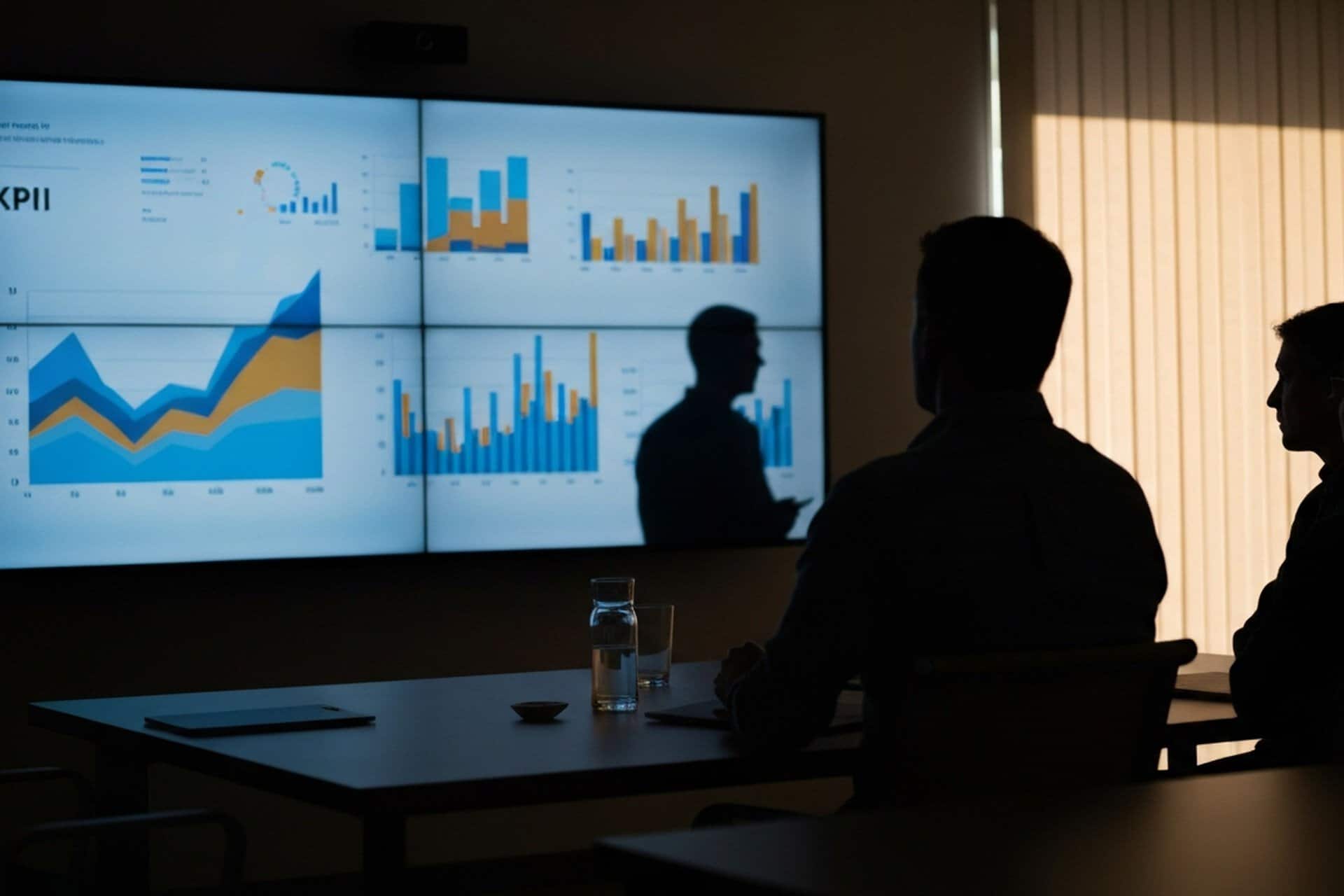 Internal communication KPIs presented on a large wall-mounted screen
