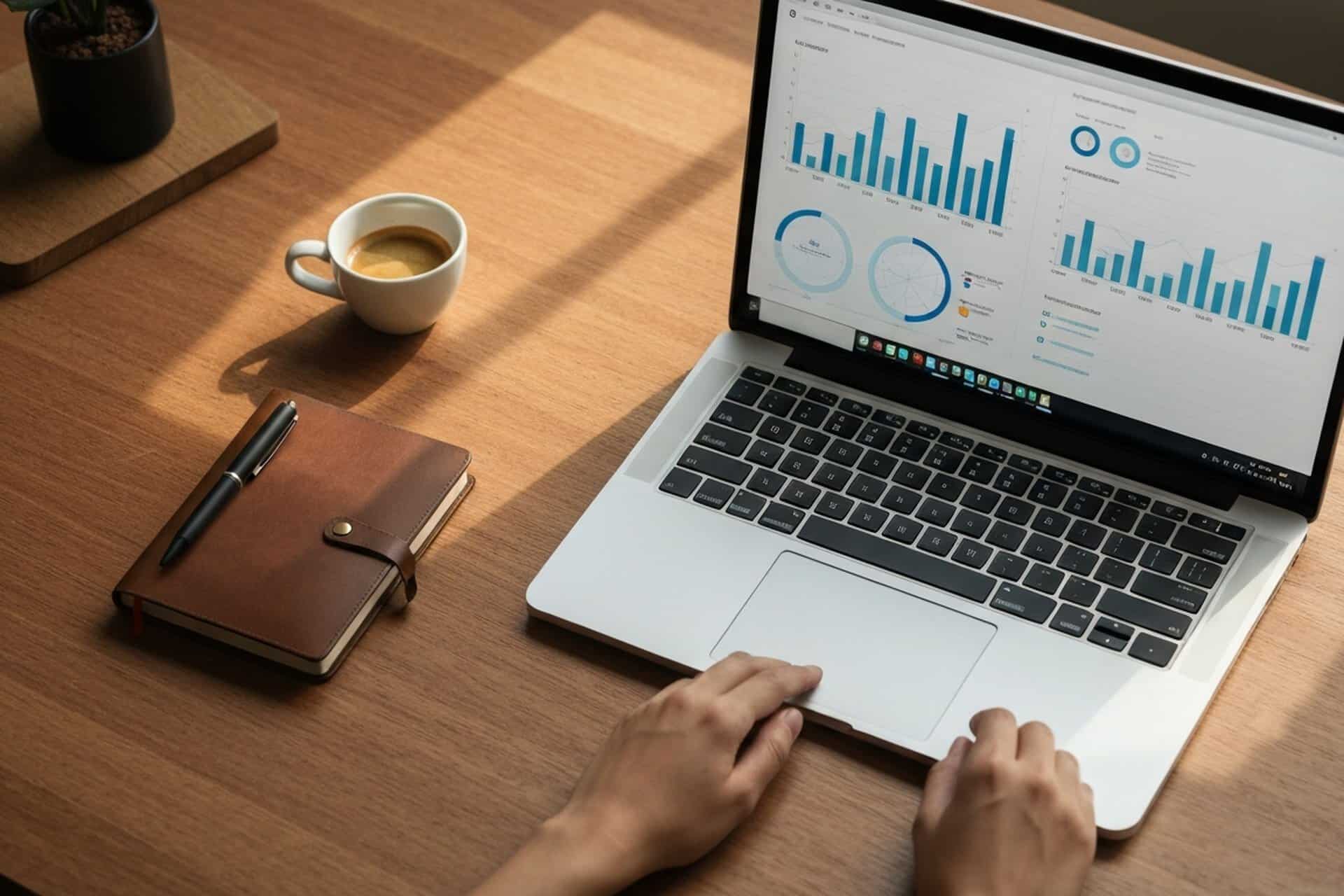 Modern workspace flat lay with laptop showing analytics dashboard