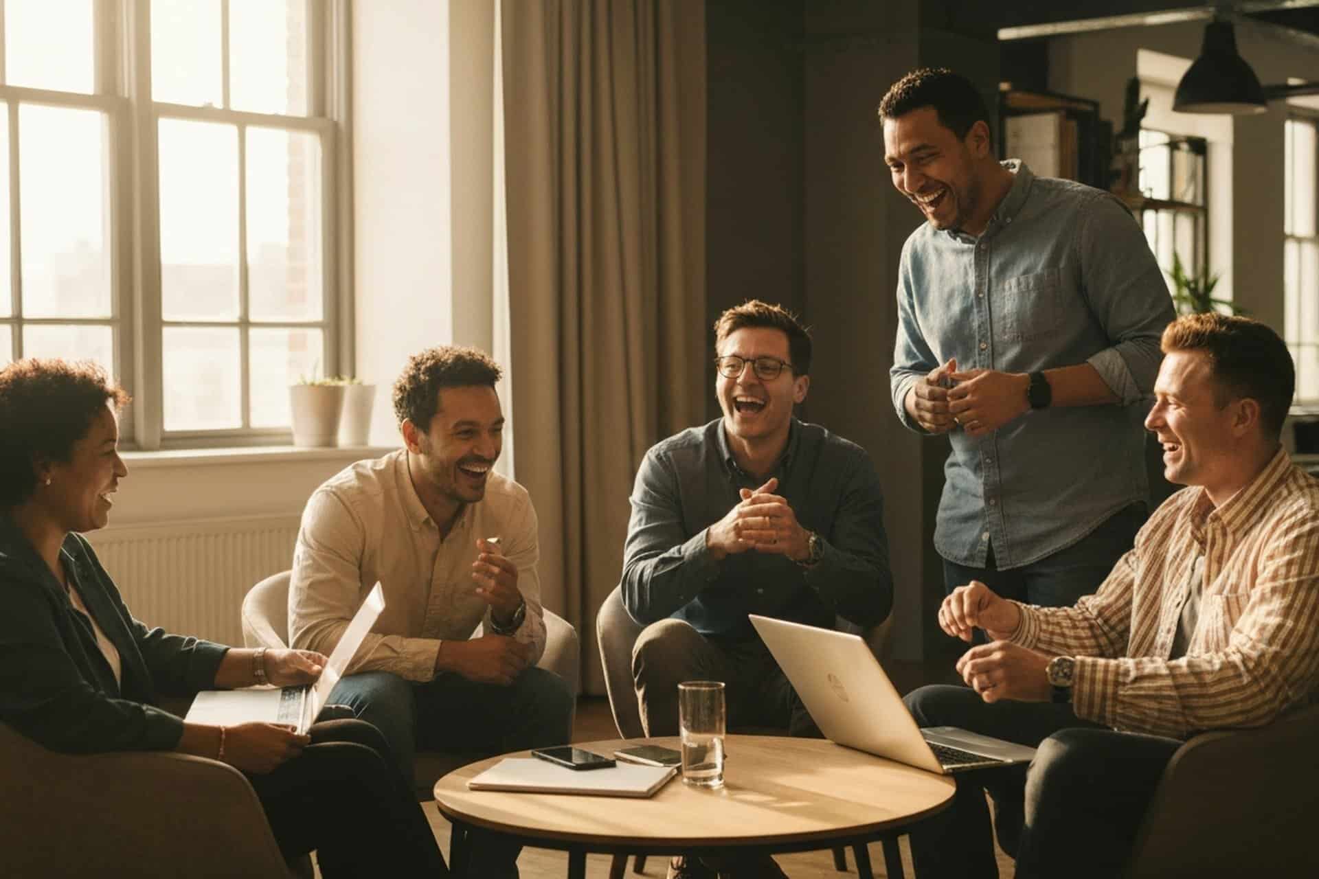 Diverse team in a candid moment in a modern open-plan workplace