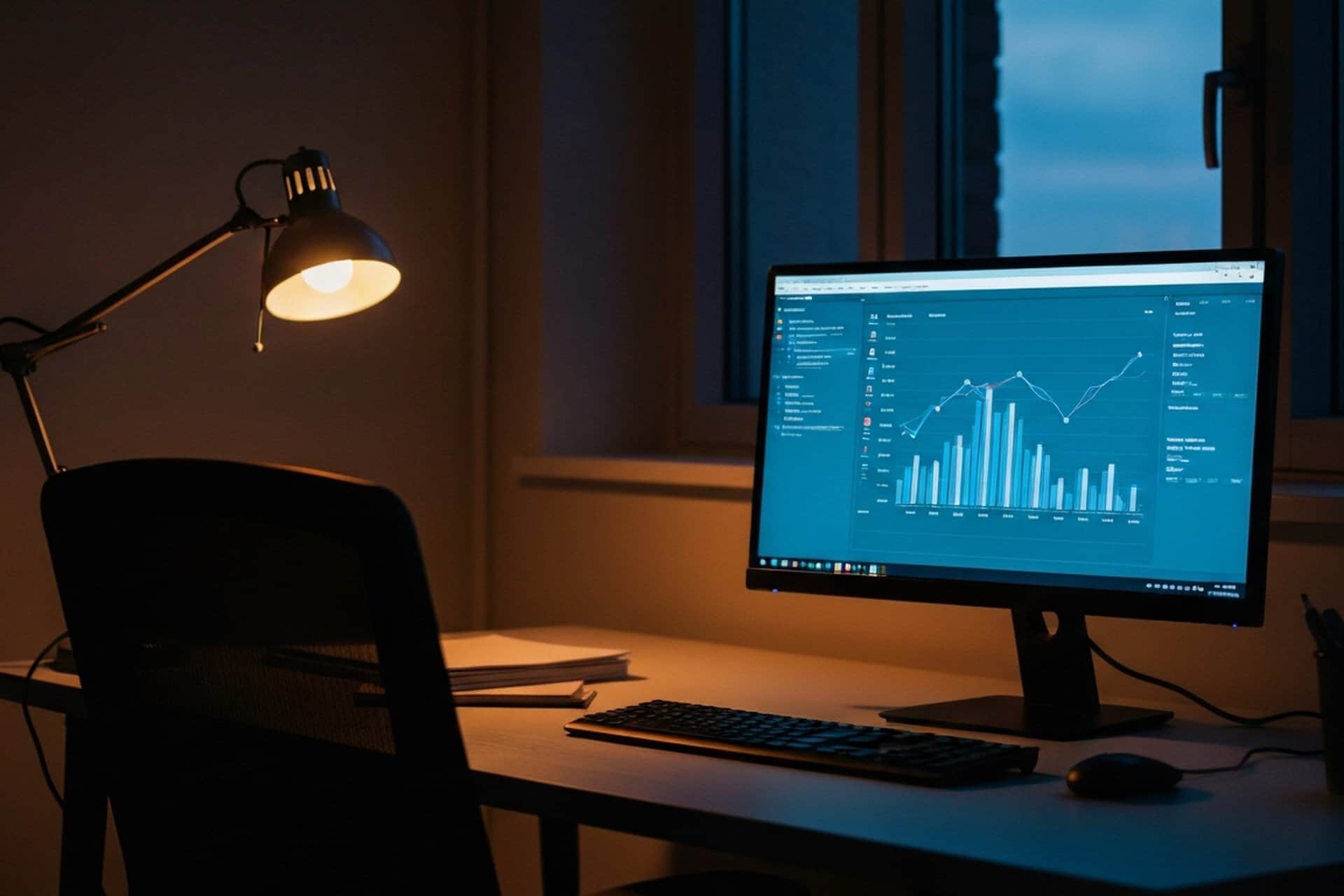 Single glowing monitor in a quiet modern office at dusk