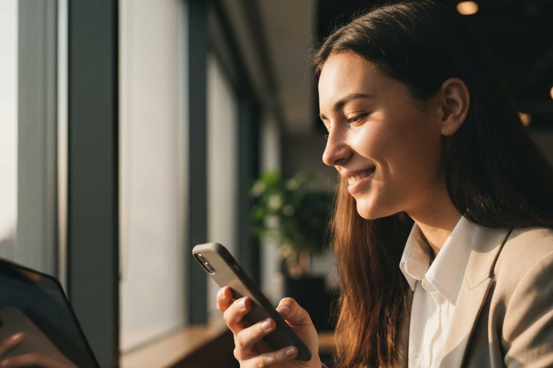 Young professional engaging with internal communications on a phone