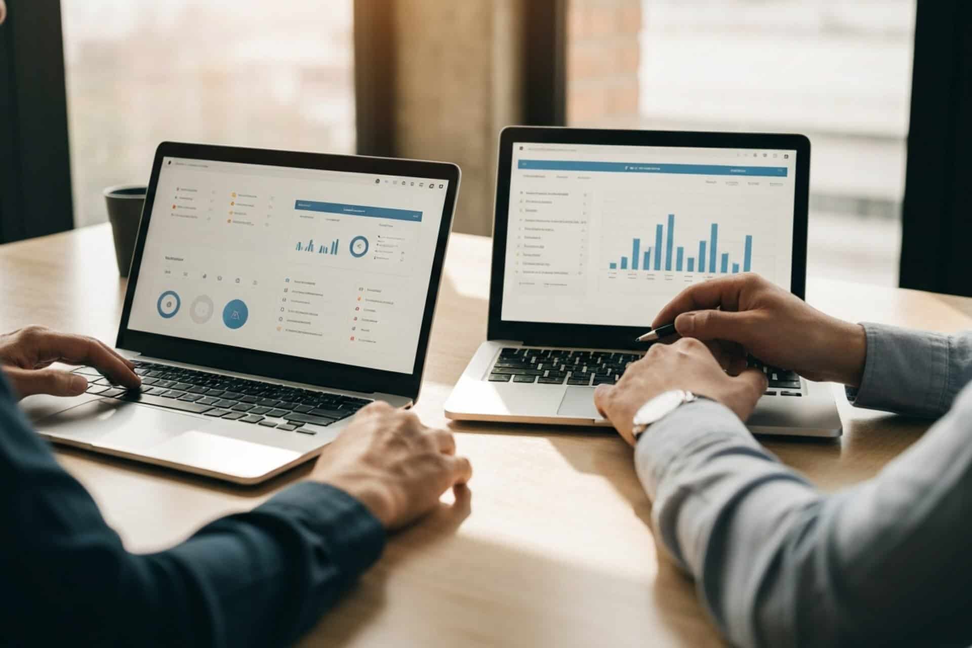 Comparing internal communications analytics alternatives on two laptops
