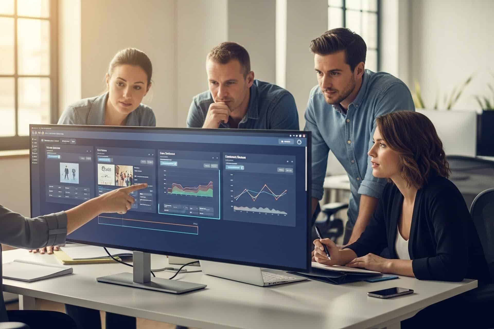 Cross-channel internal communications measurement reviewed in a modern office