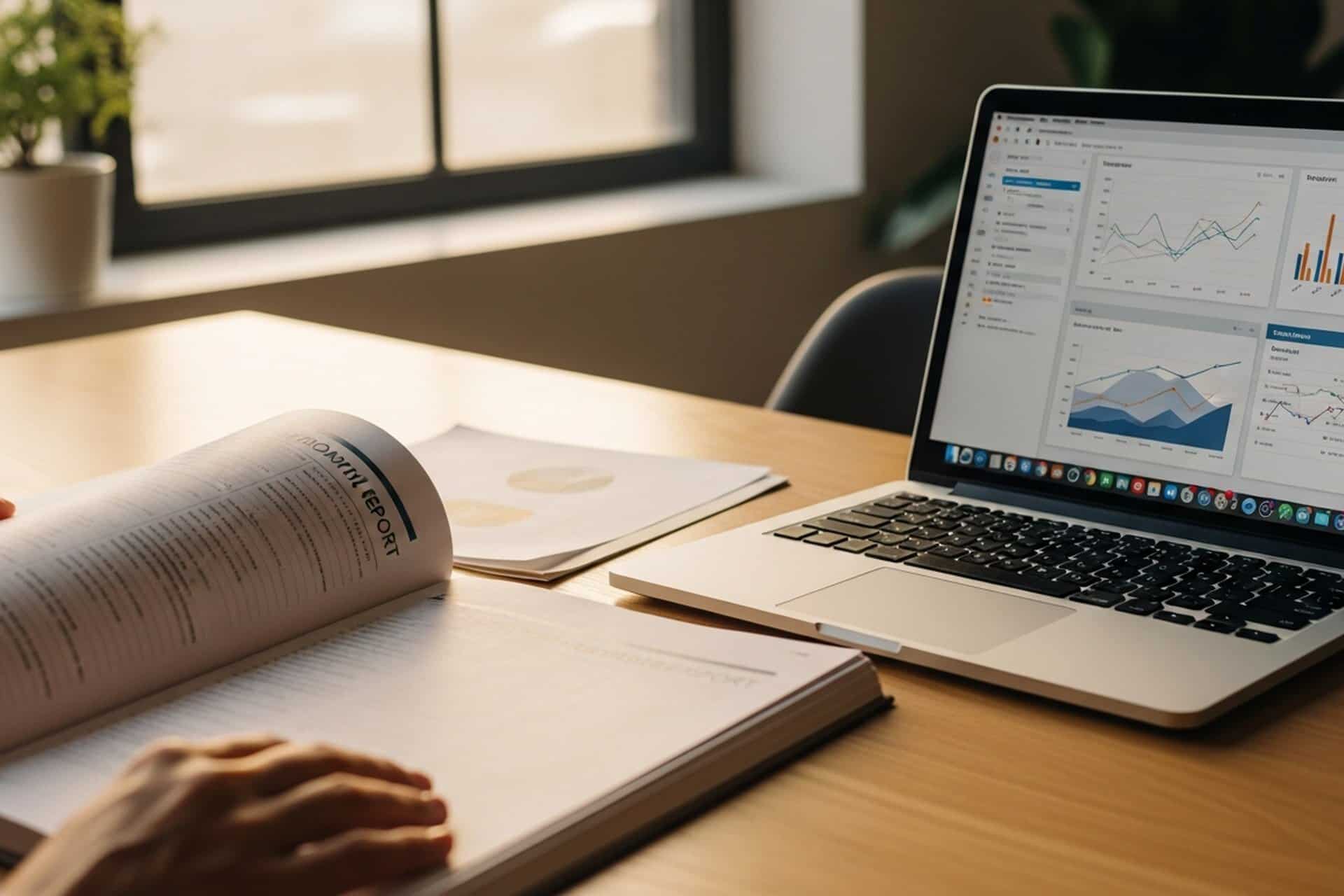 Internal communications monthly reporting template on a desk