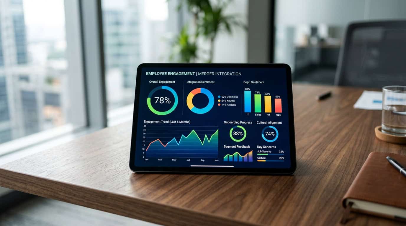 An executive dashboard showing real-time internal communications metrics across different employee segments during a corporate merger.