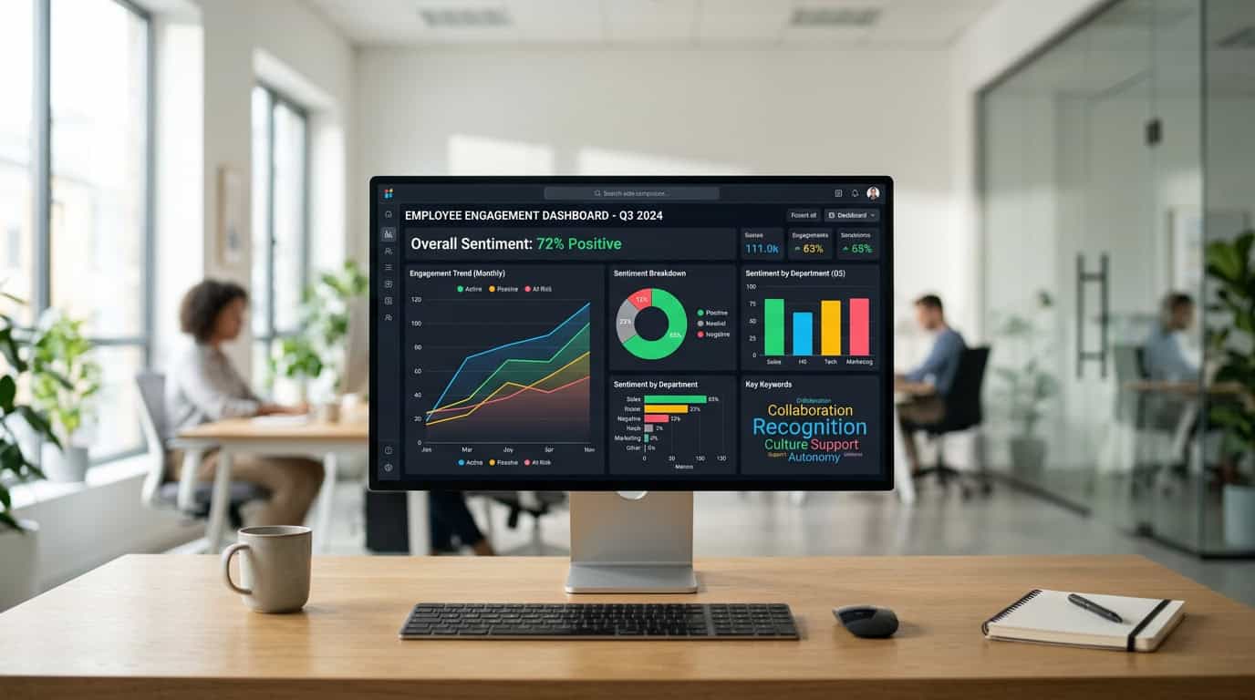 A high-tech digital dashboard displaying employee engagement trends, cross-channel sentiment scores, and colorful charts representing positive, negative, and neutral internal communication feedback.