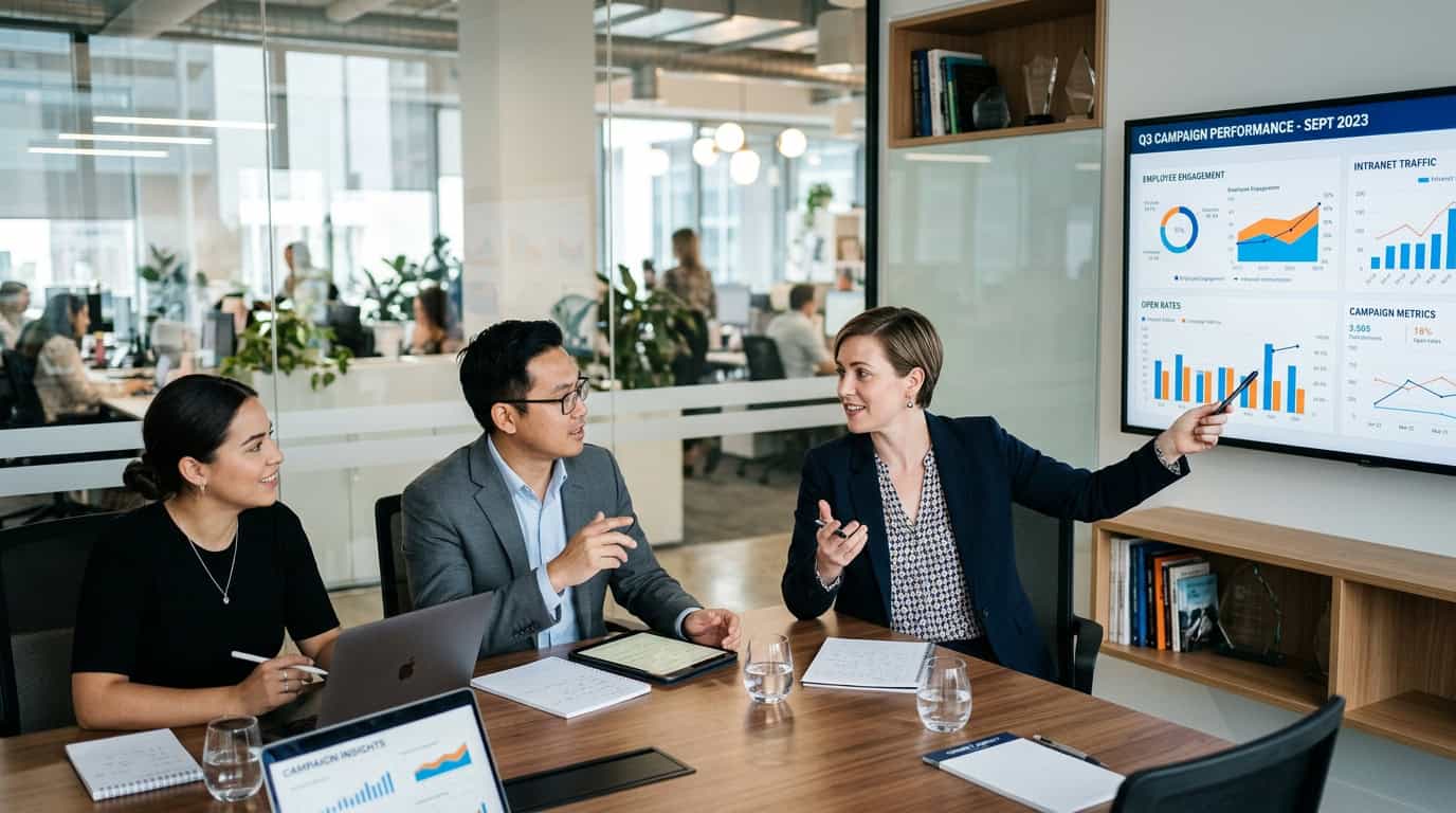 A professional corporate workspace where an internal communications manager collaborates with agency partners to review campaign metrics on a dashboard.