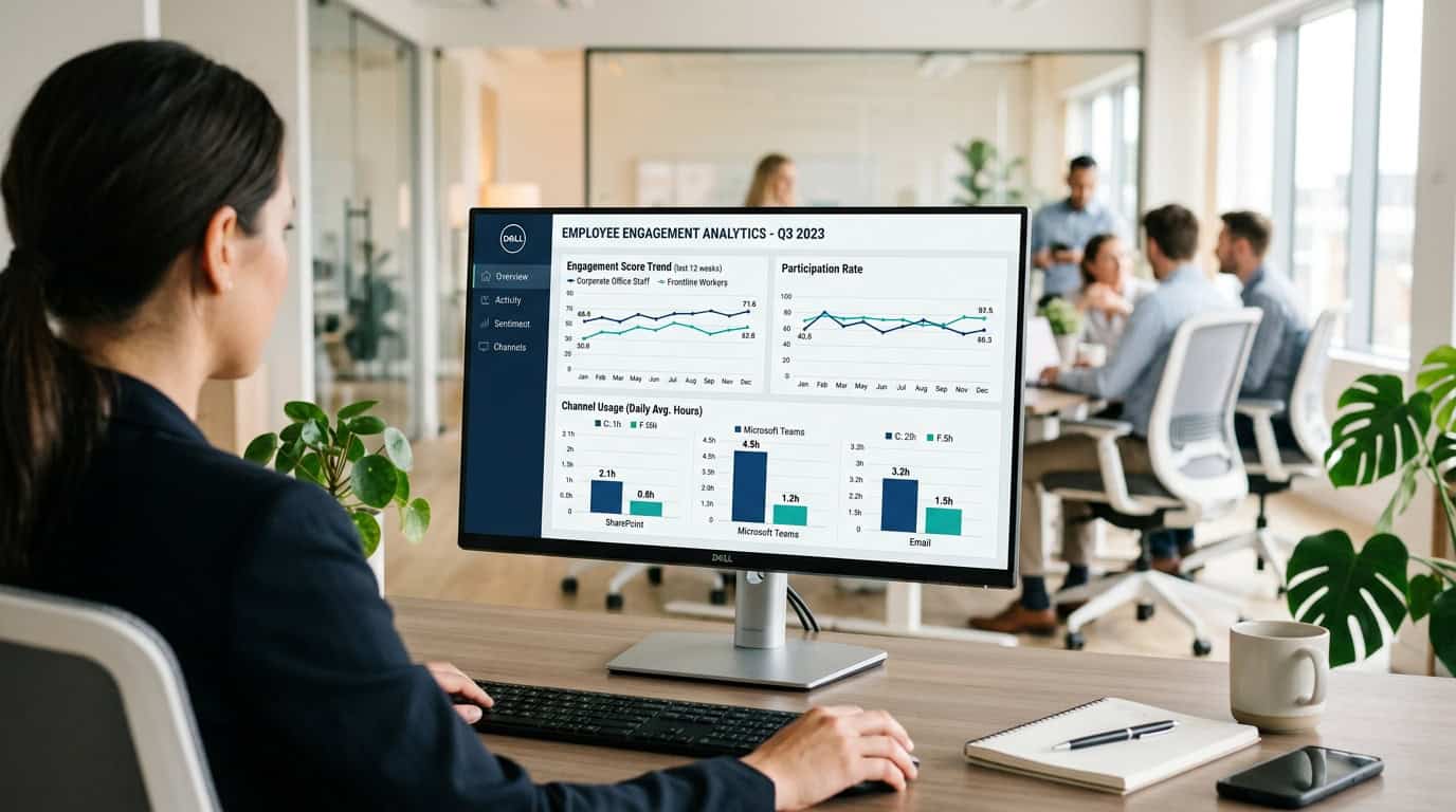 A modern digital dashboard displaying segmented employee engagement metrics across SharePoint, Teams, and email, comparing corporate office staff and frontline workers.