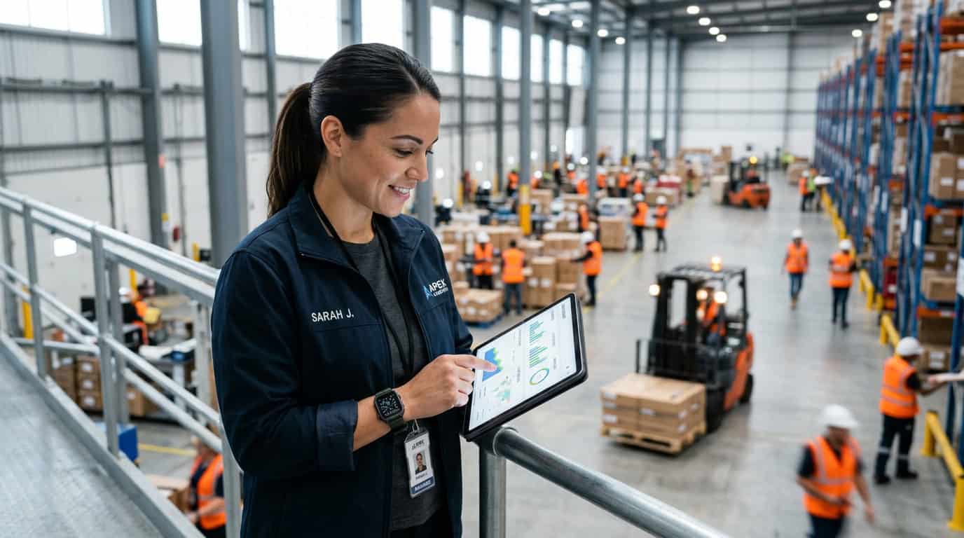 A modern warehouse manager looking at a tablet displaying logistics operations and communication dashboards, with warehouse workers in safety vests in the background.