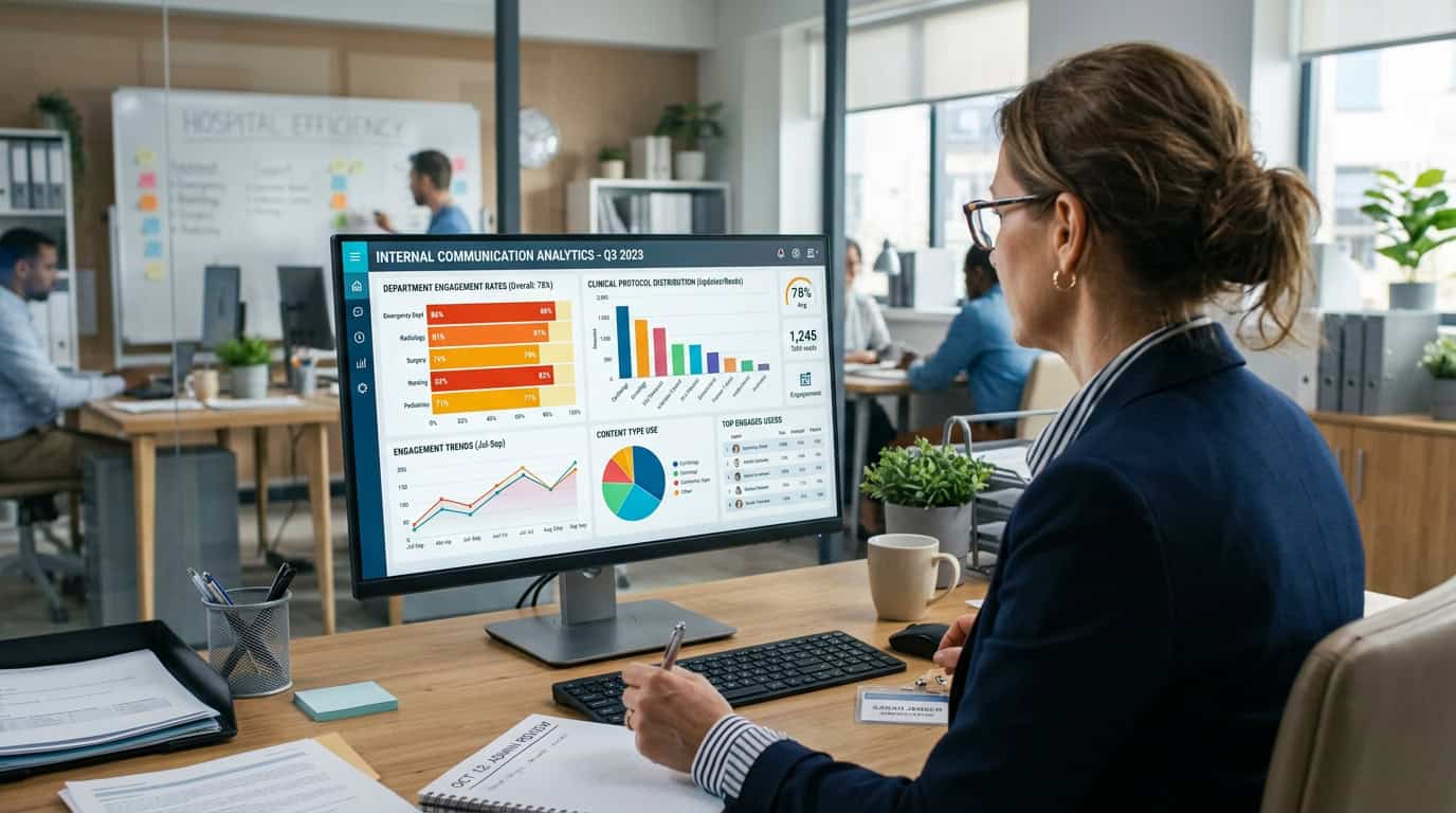 A professional medical dashboard showing internal communication analytics, highlighting engagement rates, reach across hospital departments, and safe clinical protocol distribution.