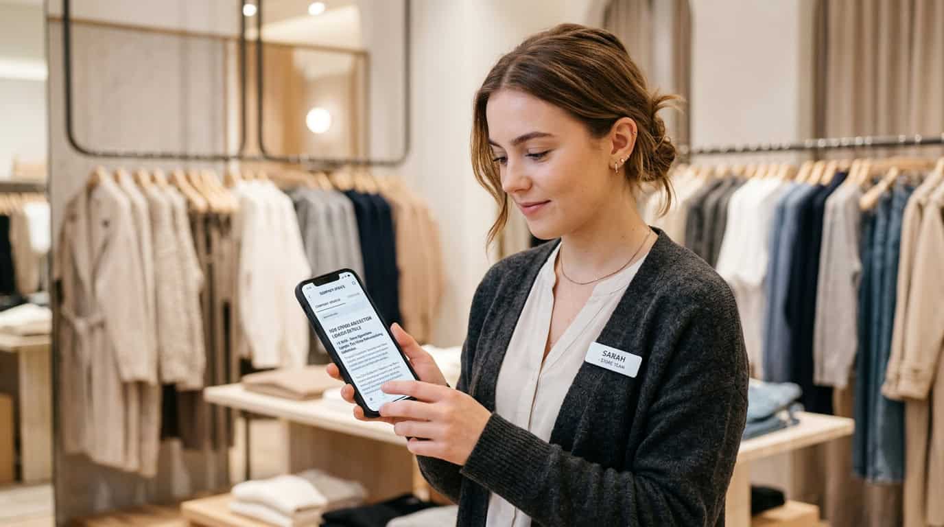 A close-up of a retail store associate looking at internal company updates on a mobile phone with clothing racks in a blurred background.