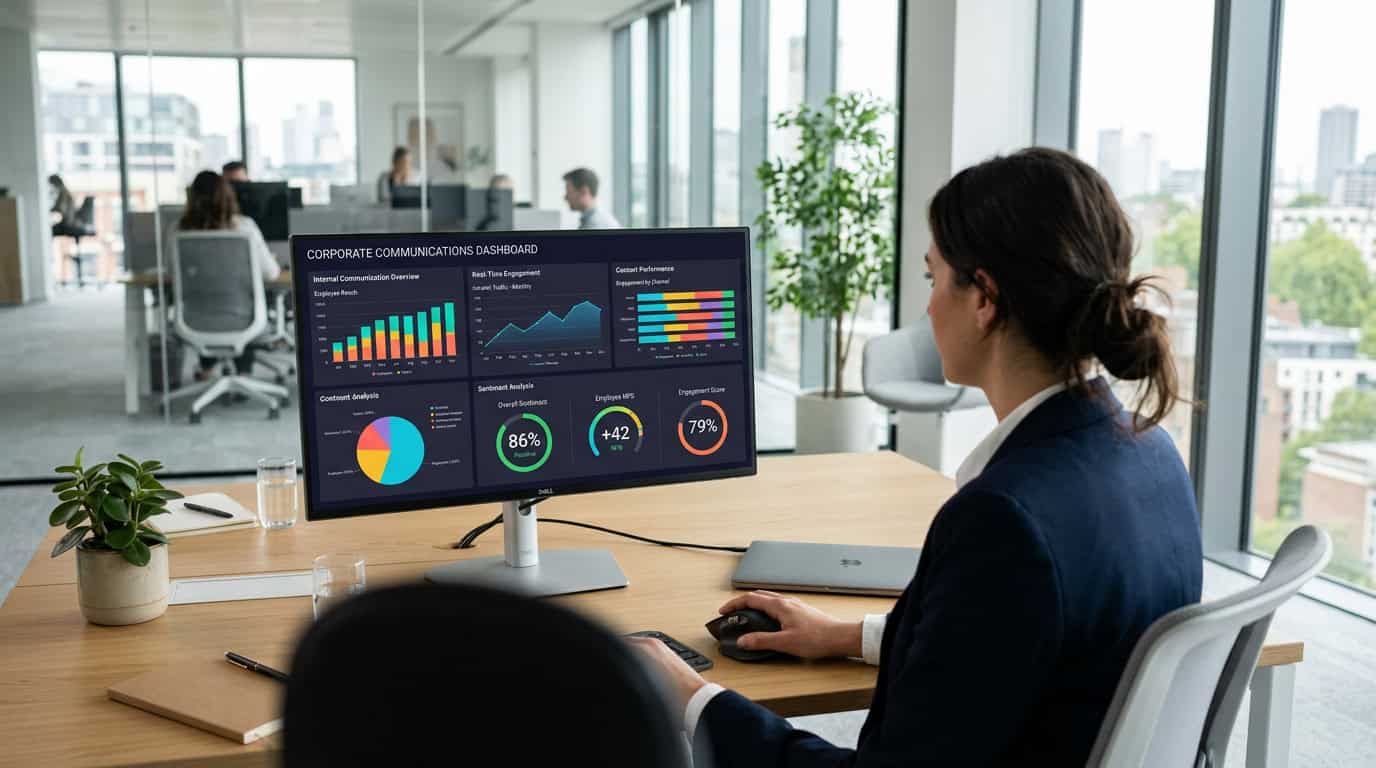 An internal communications dashboard showing real-time engagement and sentiment metrics during a corporate leadership transition.