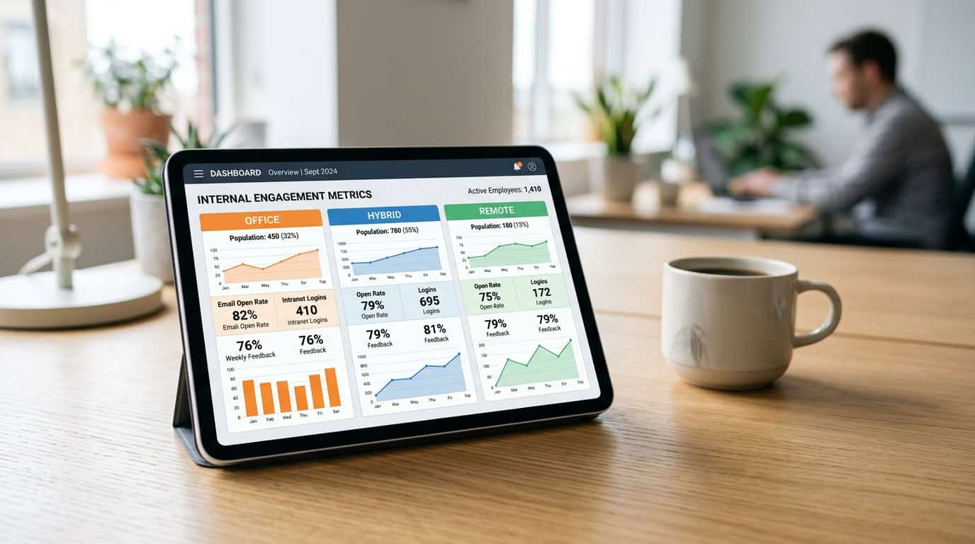 A dashboard from Communication Insights displaying internal communications engagement metrics segmented by office, hybrid, and fully remote employee populations.