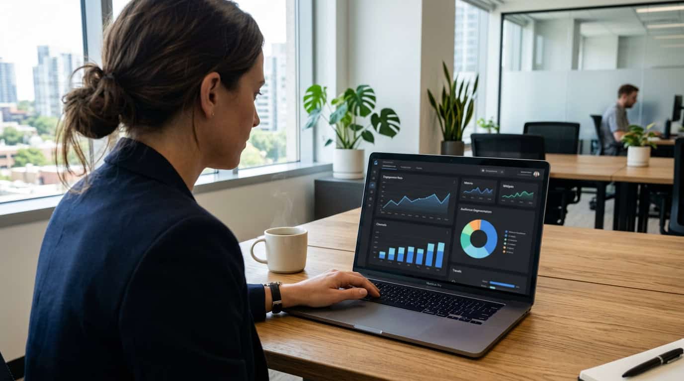 An analytical dashboard displaying cross-channel engagement metrics, audience segmentation, and trend lines during an organizational restructuring campaign.