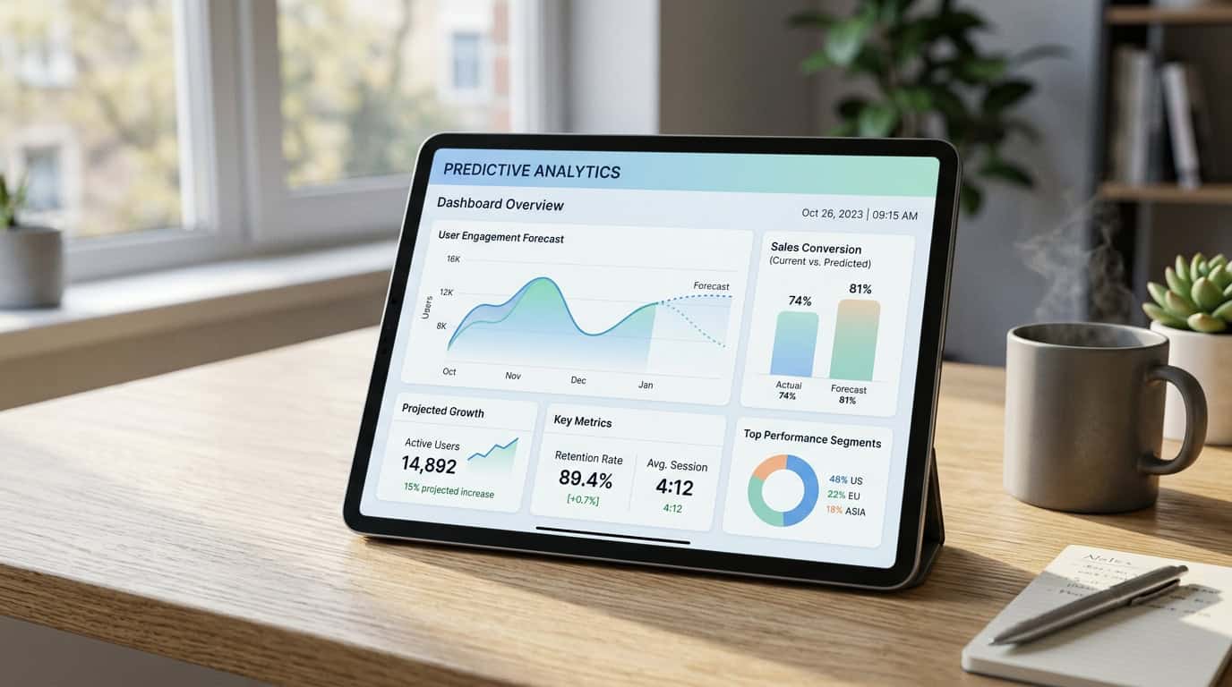 A digital dashboard showing predictive analytics charts and engagement forecasts for internal communications.