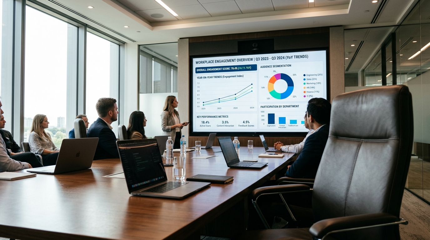 A modern board presentation screen displaying clean digital workplace engagement dashboards with year-on-year trends and segmented audience charts.