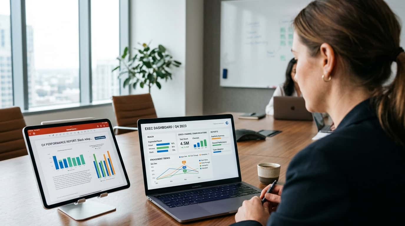 A modern executive dashboard displaying cross-channel internal communication metrics, featuring segmented reach, engagement trends, and professional reports on a tablet and laptop screen.