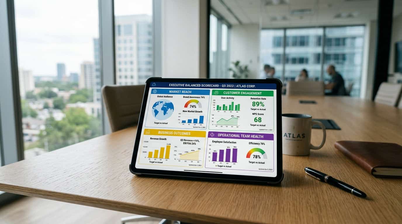 A sleek, single-page executive balanced scorecard dashboard showing four quadrants: reach, engagement, outcomes, and operational team health, with clean charts and KPIs.
