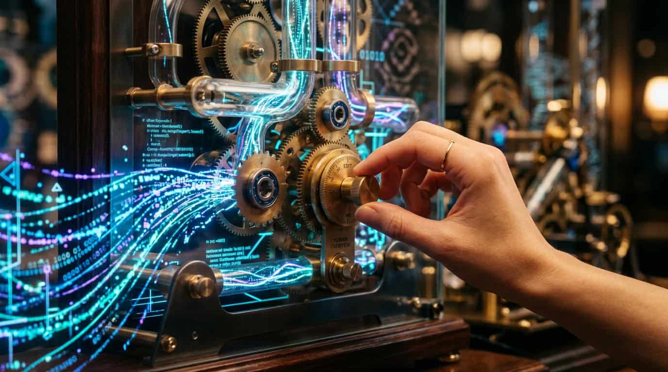 An abstract representation of digital content streams with a human editorial hand adjusting gears and dials, highlighting the intersection of artificial intelligence and human review.