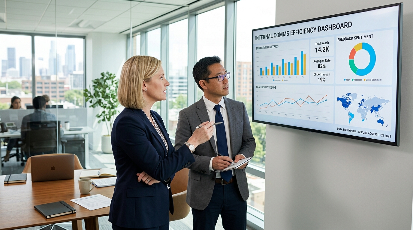 A collaborative meeting between a Chief Communications Officer and a Chief Information Officer, discussing digital workplace analytics on a screen displaying compliant, secure data dashboards. · AI-generated
