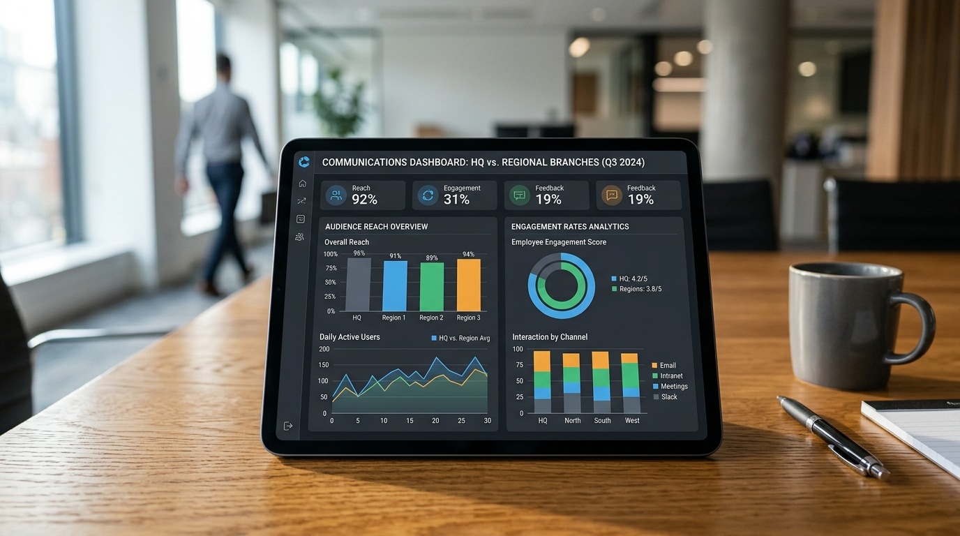 A segmented internal communication dashboard showing a comparison of reach and engagement rates between corporate headquarters and regional branches. · AI-generated