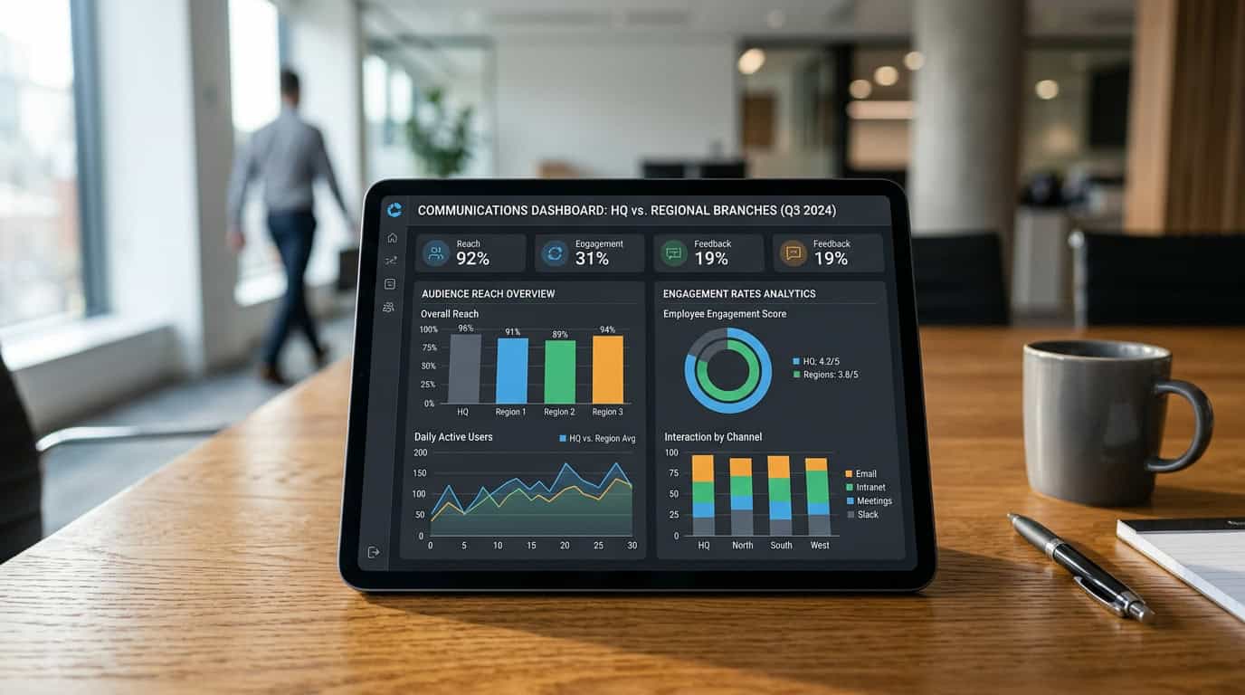 A segmented internal communication dashboard showing a comparison of reach and engagement rates between corporate headquarters and regional branches.