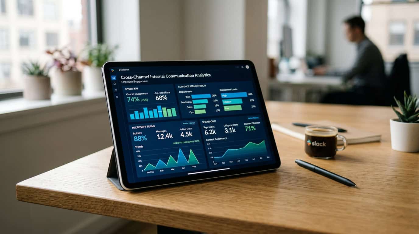 A modern digital dashboard displaying cross-channel internal communication analytics, showing employee engagement rates, audience segmentation, and reach trends across Microsoft Teams and SharePoint.