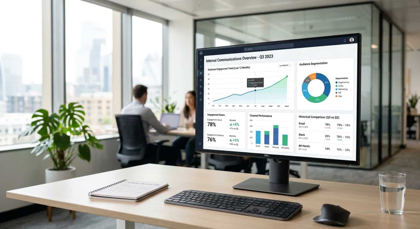 A professional digital dashboard displaying cross-channel internal communications metrics, including engagement trends, audience segments, and year-on-year historical data graphs.