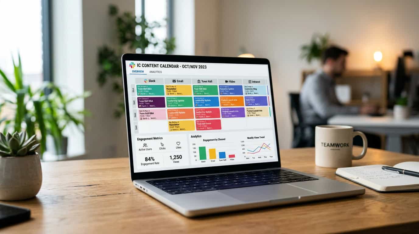 A clean digital interface showing a colorful internal communications content calendar with analytics charts, graphs, and cross-channel engagement metrics.