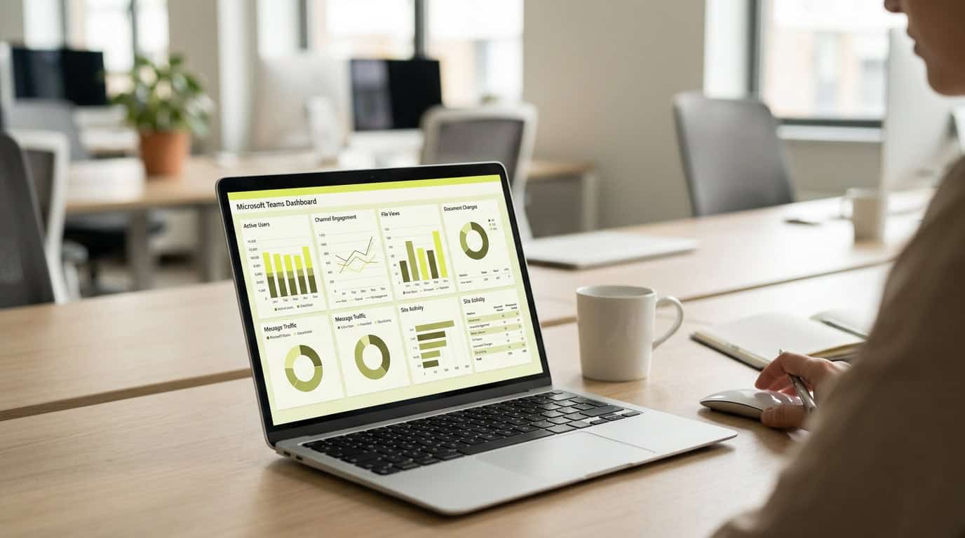 A centralized analytics dashboard displaying productivity and engagement metrics across Microsoft Teams and SharePoint in a digital workplace. · Généré par IA