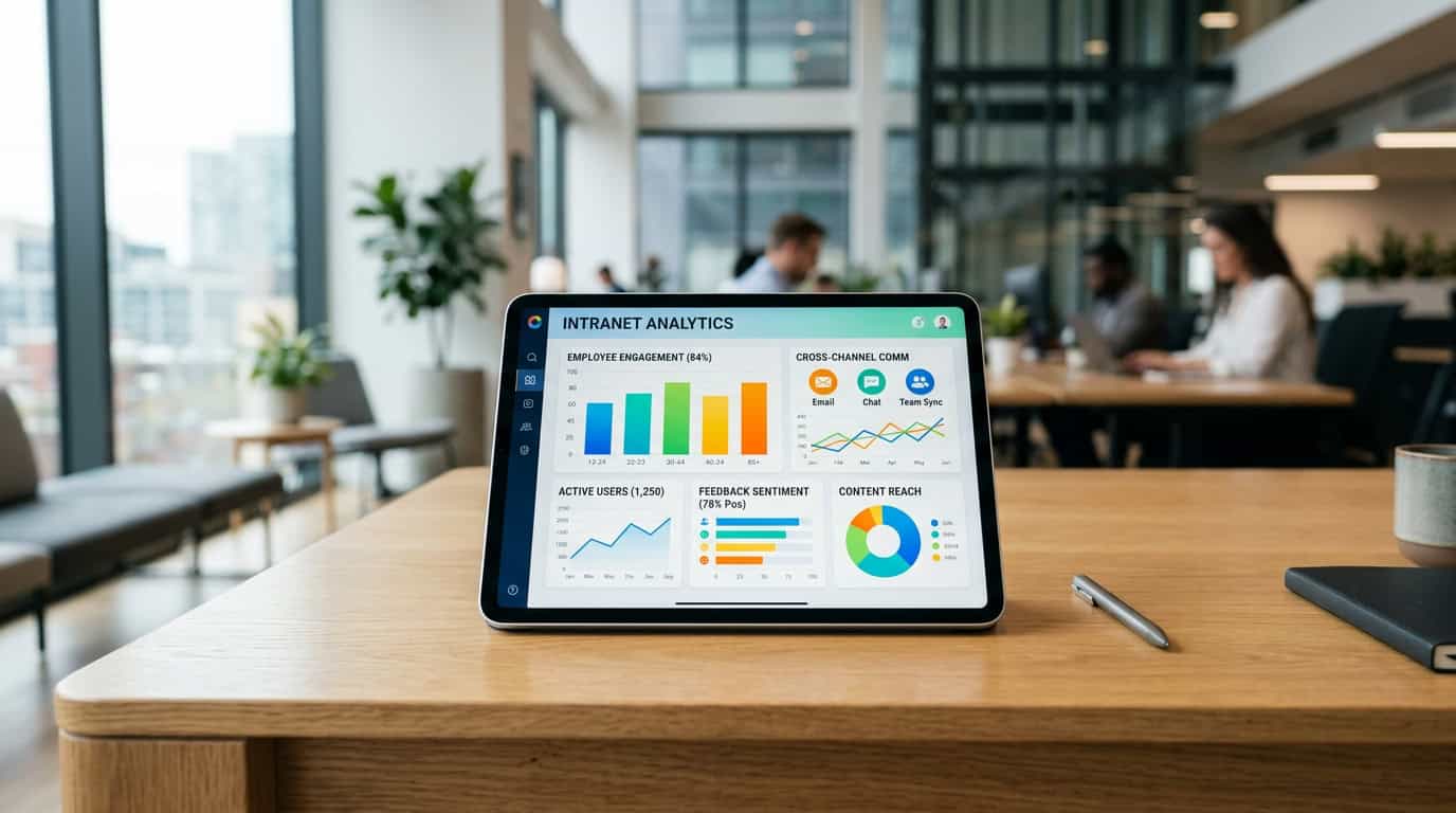 A modern corporate digital dashboard displaying cross-channel communication metrics, employee engagement graphs, and intranet analytics symbols on a clean interface.