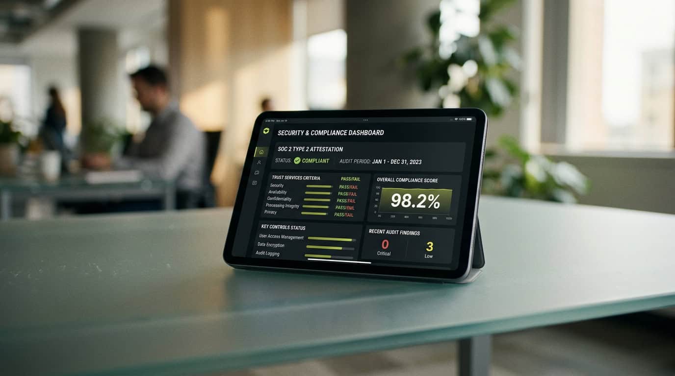 A secure digital dashboard displaying internal communications data and compliance metrics, representing SOC 2 Type 2 security and EU data residency for Microsoft 365 analytics. · AI-generated