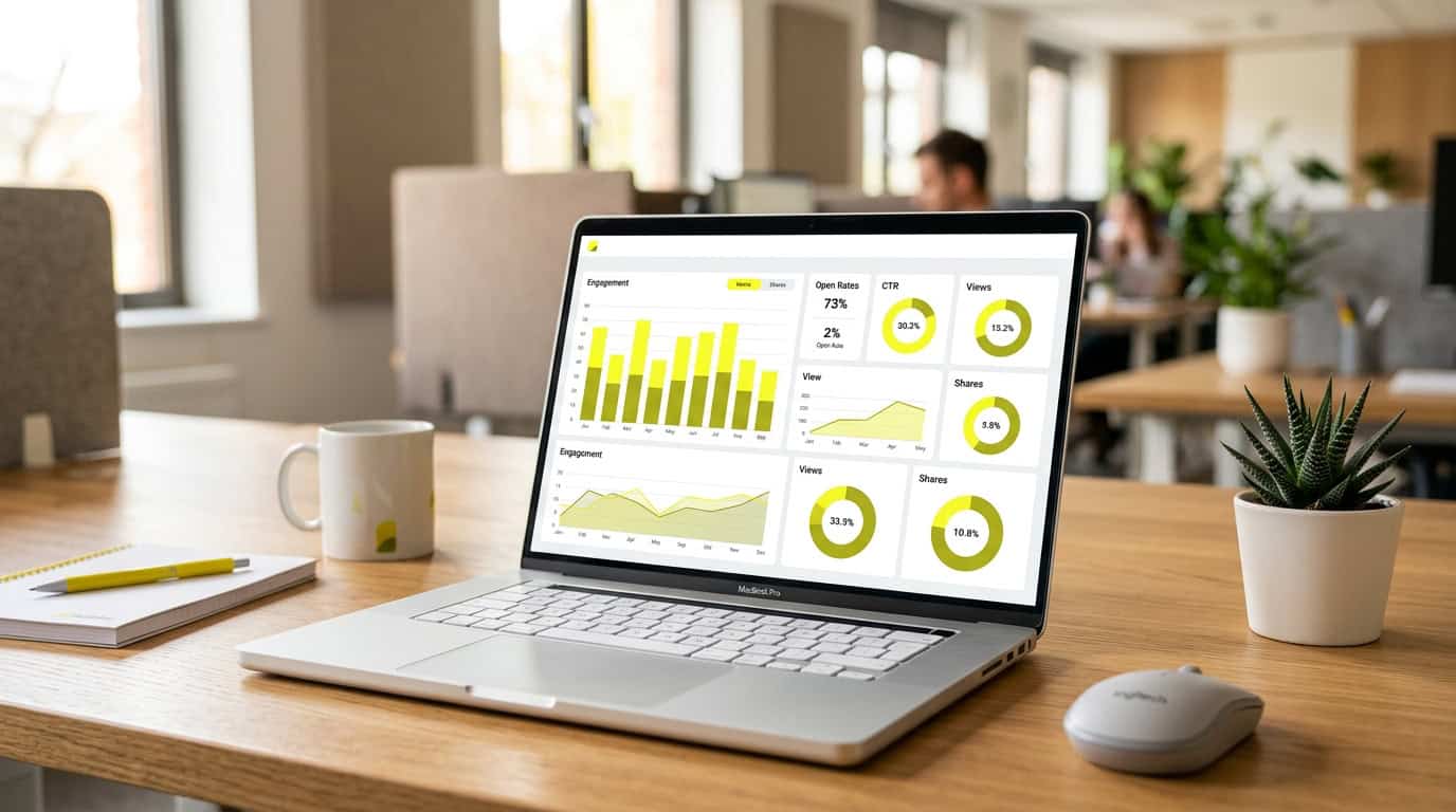 A comprehensive analytics dashboard showing employee engagement metrics across multiple internal communication channels. · Généré par IA