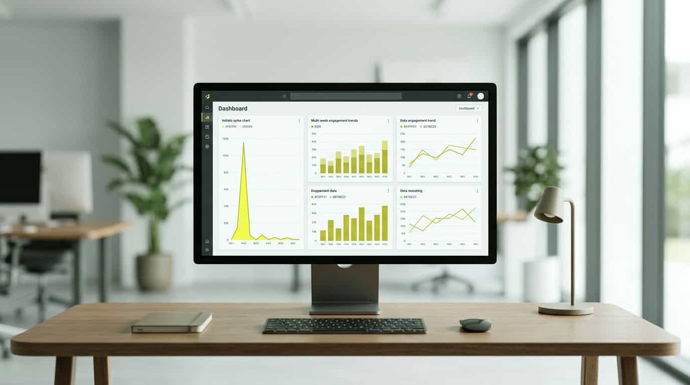 A dashboard showing Viva Engage engagement metrics and analytics, highlighting a comparison between day-one spikes and long-term community participation. · Généré par IA
