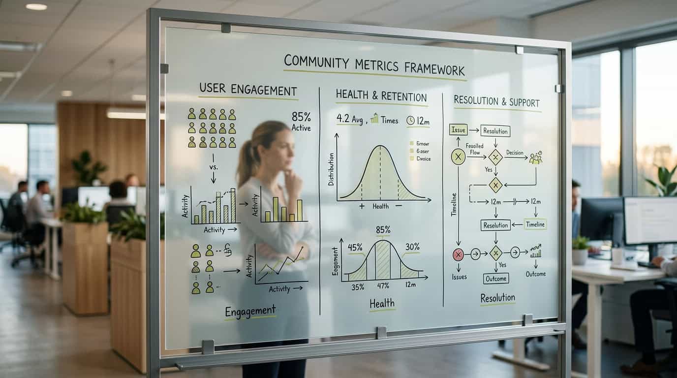 Diagram showing the three pillars of community measurement: Target reach segmented by role, participation concentration ratio, and question resolution metrics. · Généré par IA