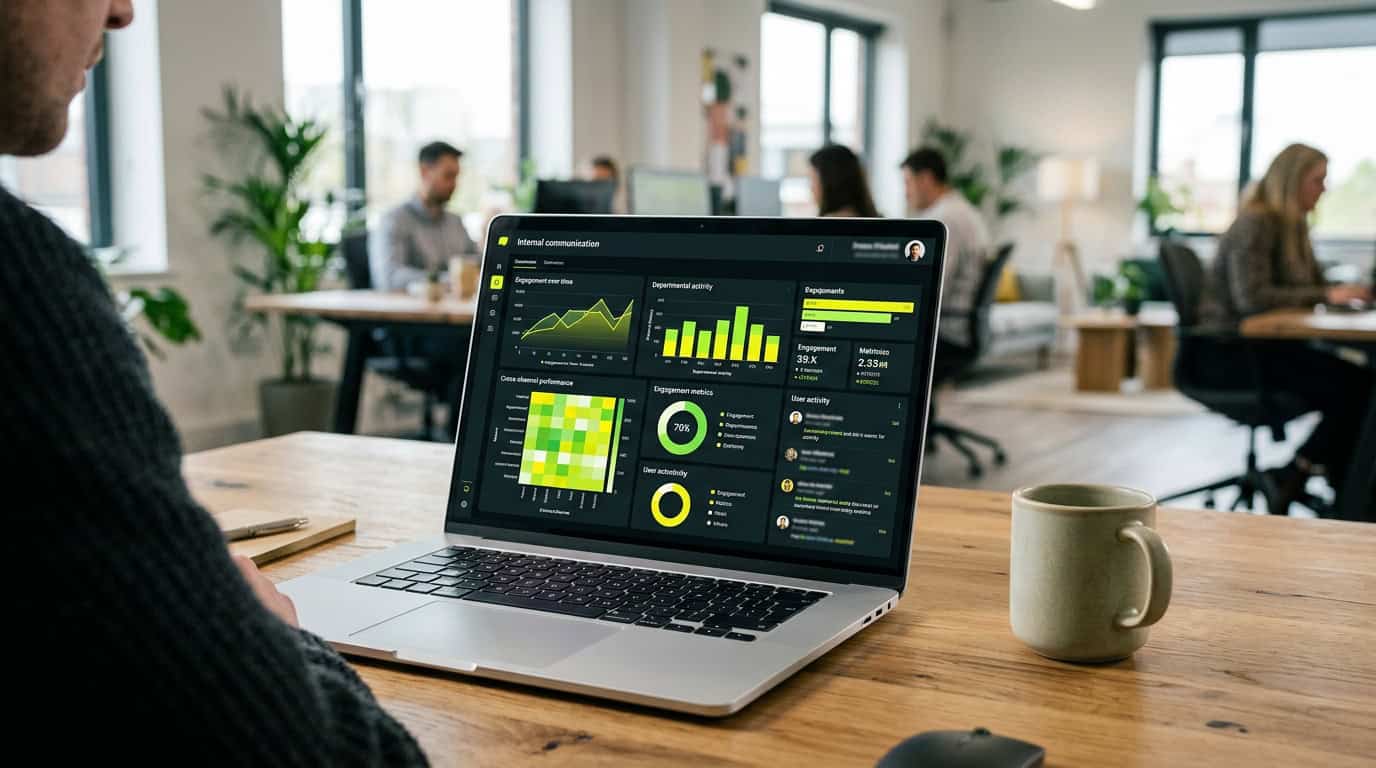 An internal communication dashboard on a laptop displaying cross-channel metrics and employee engagement analytics for Microsoft 365. · Généré par IA