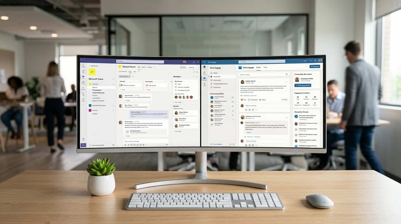 A split-screen digital dashboard comparing the interface of Microsoft Teams for project collaboration and Viva Engage for company-wide internal communication. · Généré par IA