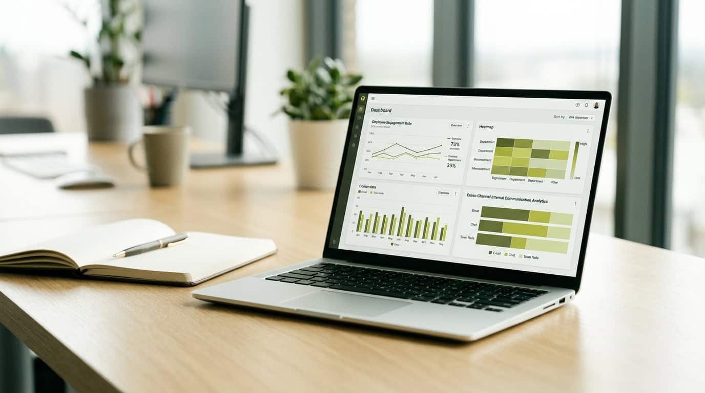 A digital dashboard displaying cross-channel internal communication analytics and employee engagement metrics. · Généré par IA