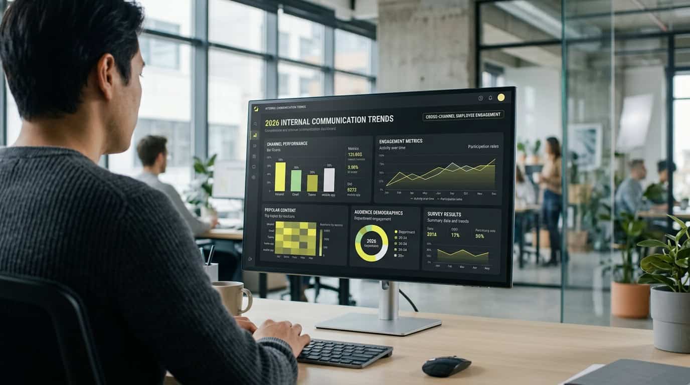 A modern digital workplace dashboard displaying 2026 internal communication trends and cross-channel employee engagement analytics. · Généré par IA