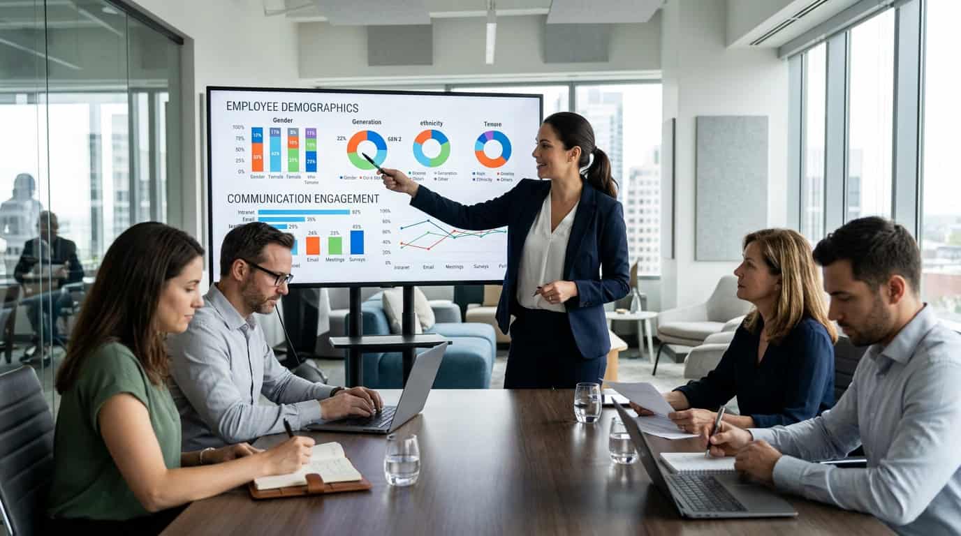 A business professional presenting communication data and employee demographic charts on a screen during a collaborative meeting between HR business partners and communications leaders.