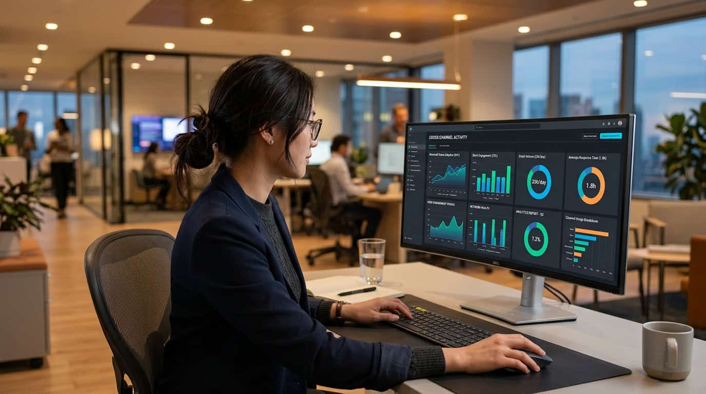 A modern digital workspace analyst reviewing cross-channel communication dashboards on a computer screen in a corporate office environment, with analytical graphs showing internal engagement.