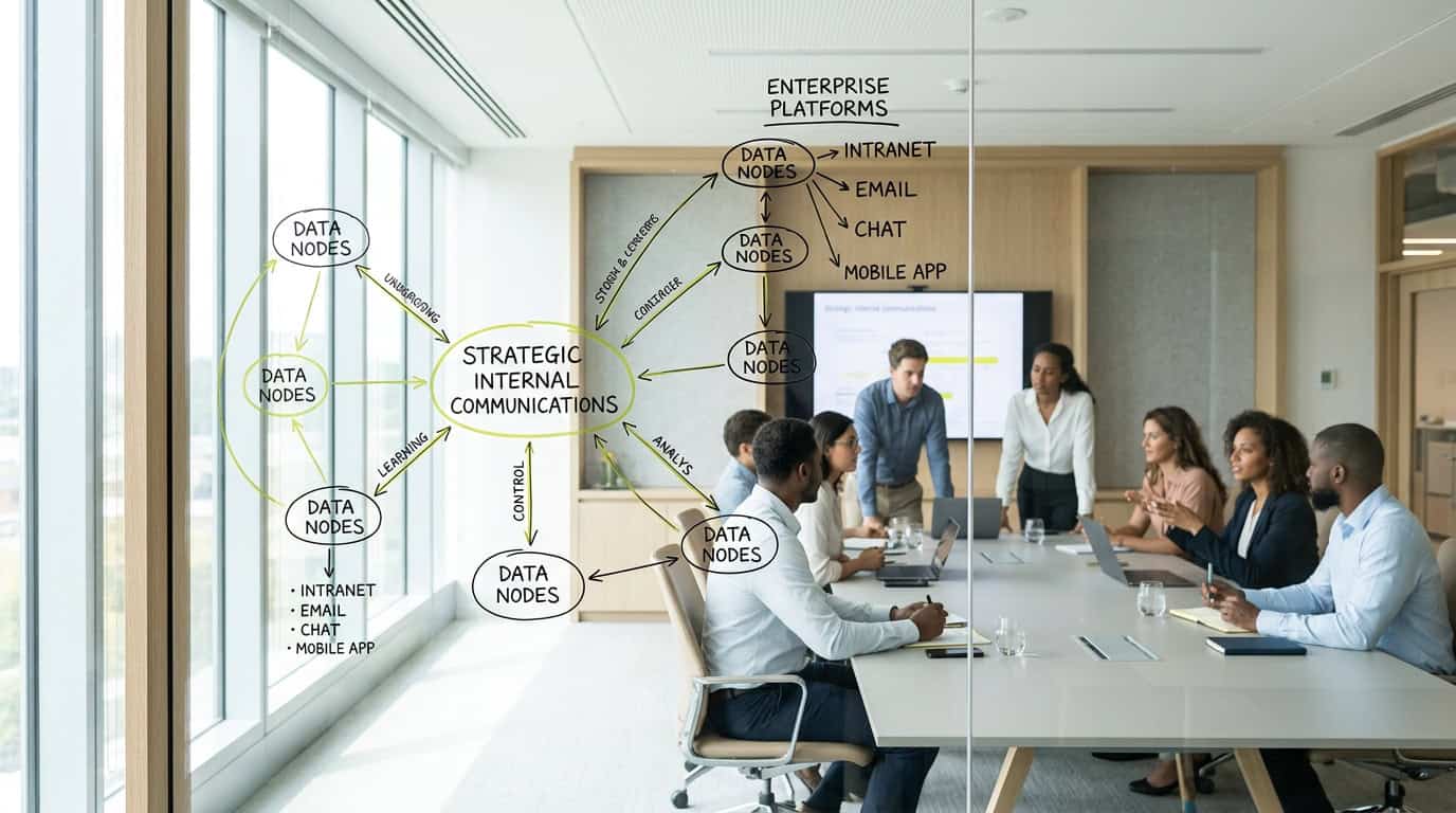 Schéma de l'architecture d'unification analytique cross-canal reliant SharePoint, Viva Engage, Teams et les newsletters internes · Généré par IA