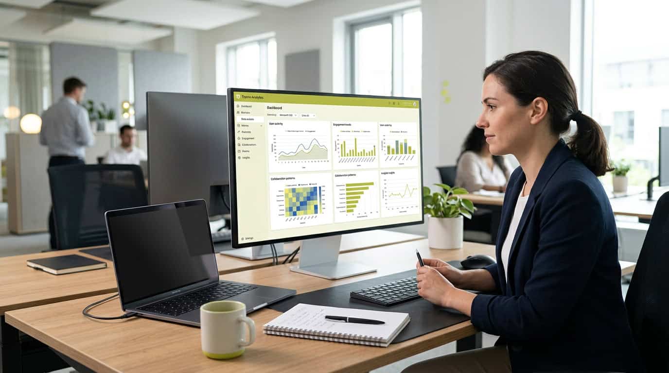 Tableau de bord Tryane Analytics affichant des données Microsoft 365 croisées avec Entra ID pour la communication interne. · Généré par IA