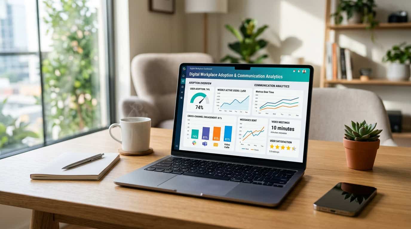An illustrative dashboard showing digital workplace adoption metrics and cross-channel communication analytics on a laptop screen.
