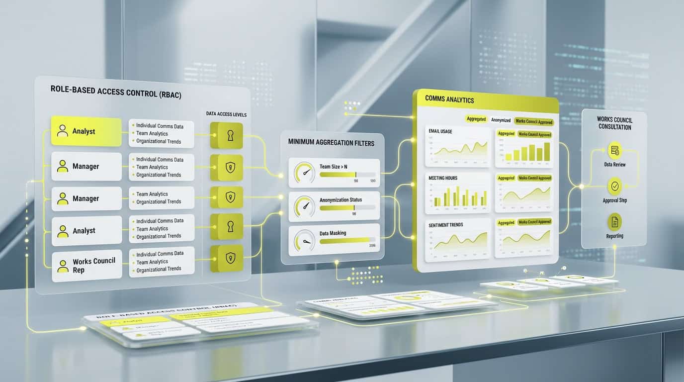 Diagram showing role-based access controls and minimum aggregation filters for works council compliance · AI-generated