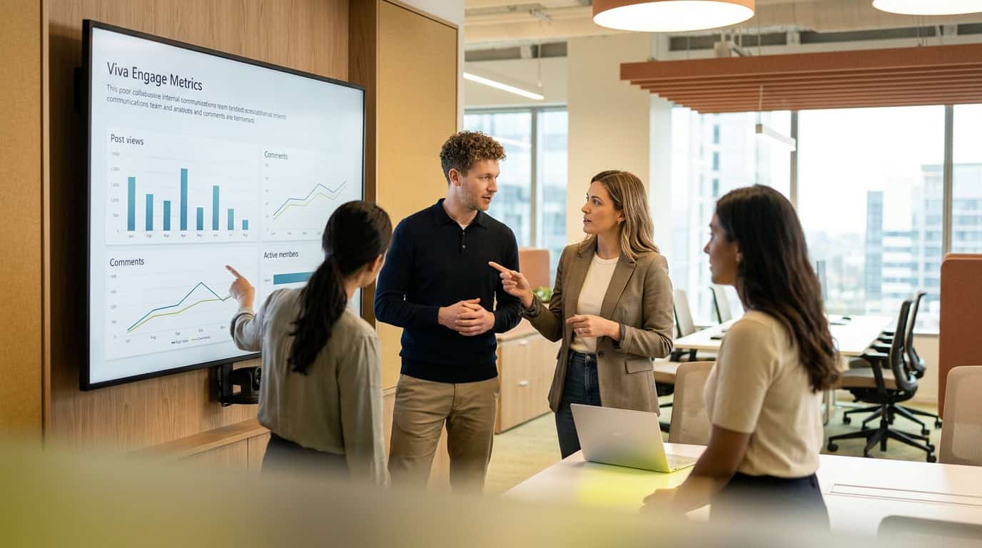 An internal communications team reviewing Viva Engage community engagement metrics on a central dashboard in a modern office · AI-generated
