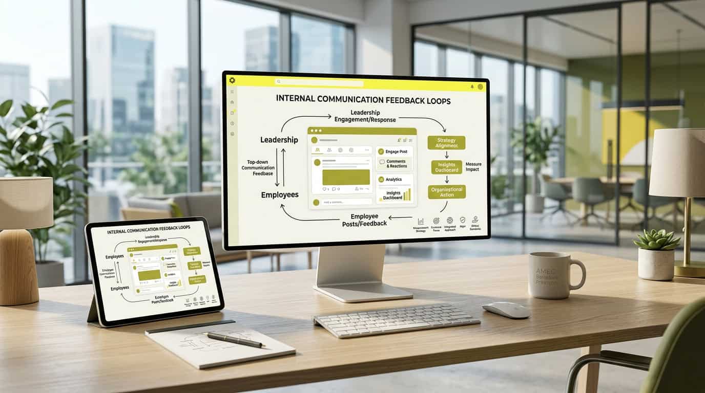 Flowchart illustrating two-way employee communication feedback loops on enterprise social platforms like Viva Engage. · AI-generated